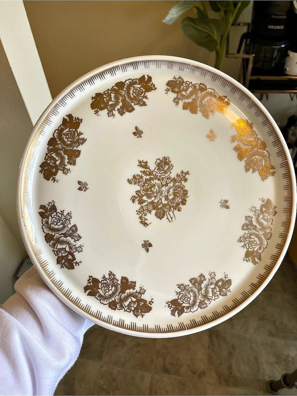 Floral Porcelain Pedestal Cake Stand in White & Gold